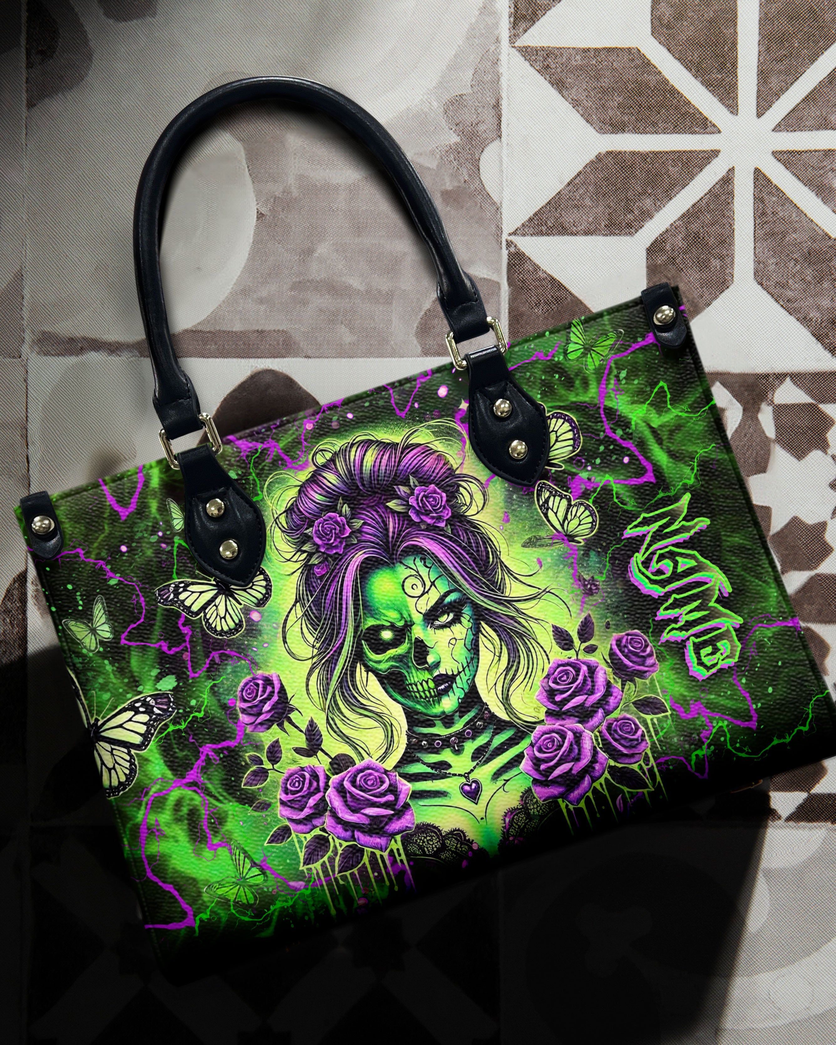 SKULL LADY PURPLE ROSE LEATHER HANDBAG - YHLT2512244