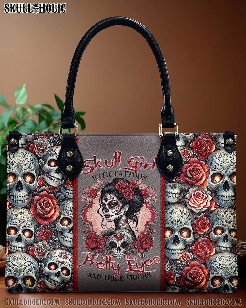 SKULL GIRL WITH TATTOOS PRETTY EYES SUGAR SKULL LEOPARD LEATHER HANDBAG - TLTR1406245