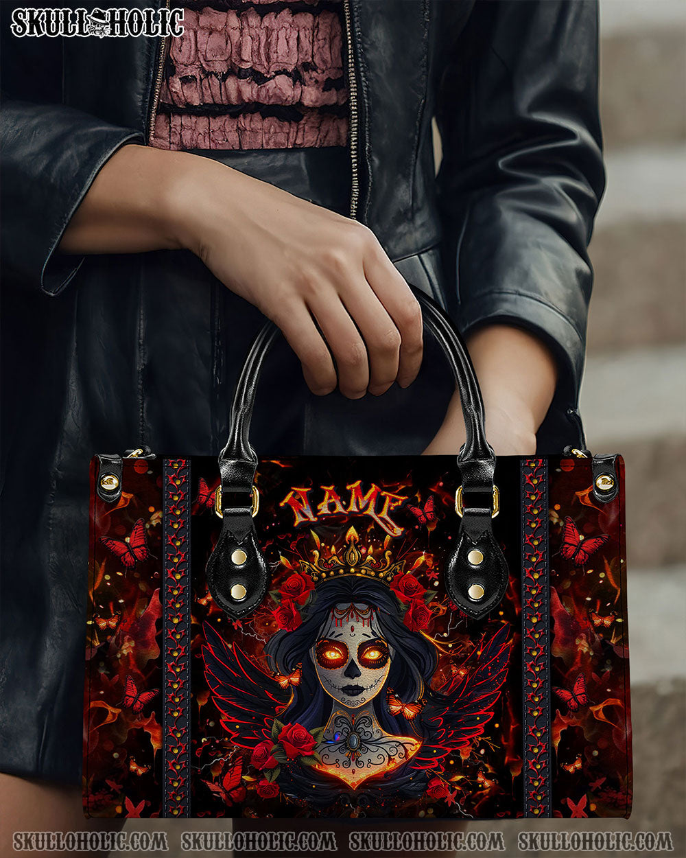 RED BLACK SKULL LADY LEATHER HANDBAG - YHLT1110242