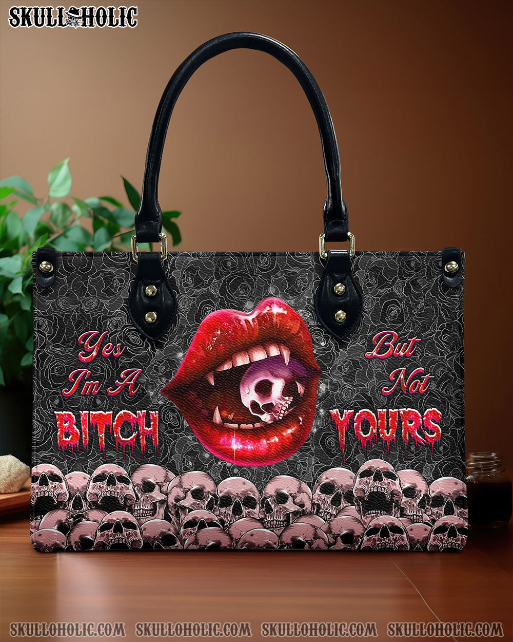 YES I'M A B BUT NOT YOURS SKULL LIPS LEATHER HANDBAG - YHHG3112244