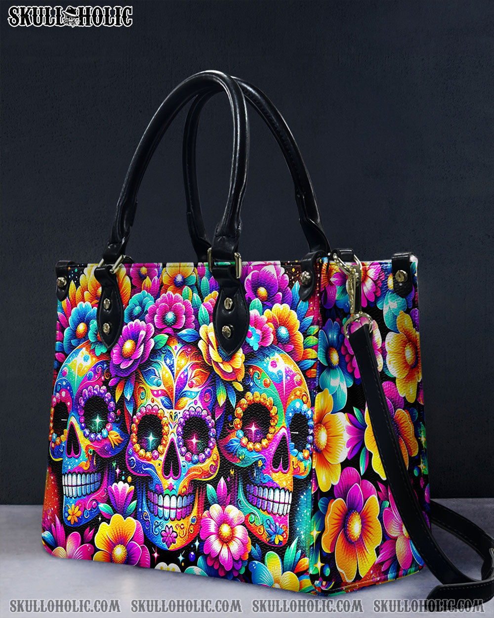 SEAMLESS RAINBOW SUGAR SKULL LEATHER HANDBAG - YHHG1106241