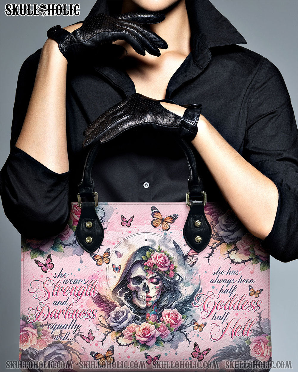 SHE WEARS STRENGTH AND DARKNESS SKULL LEATHER HANDBAG - TLNO0706244