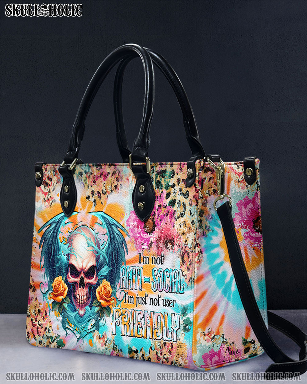 I'M NOT ANTI-SOCIAL SKULL WINGS TIE DYE LEATHER HANDBAG - TLTW0504241