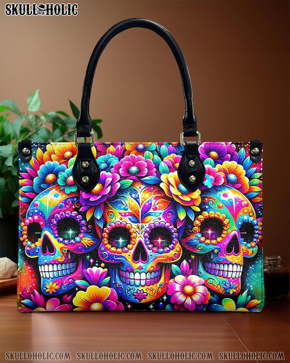 SEAMLESS RAINBOW SUGAR SKULL LEATHER HANDBAG - YHHG1106241