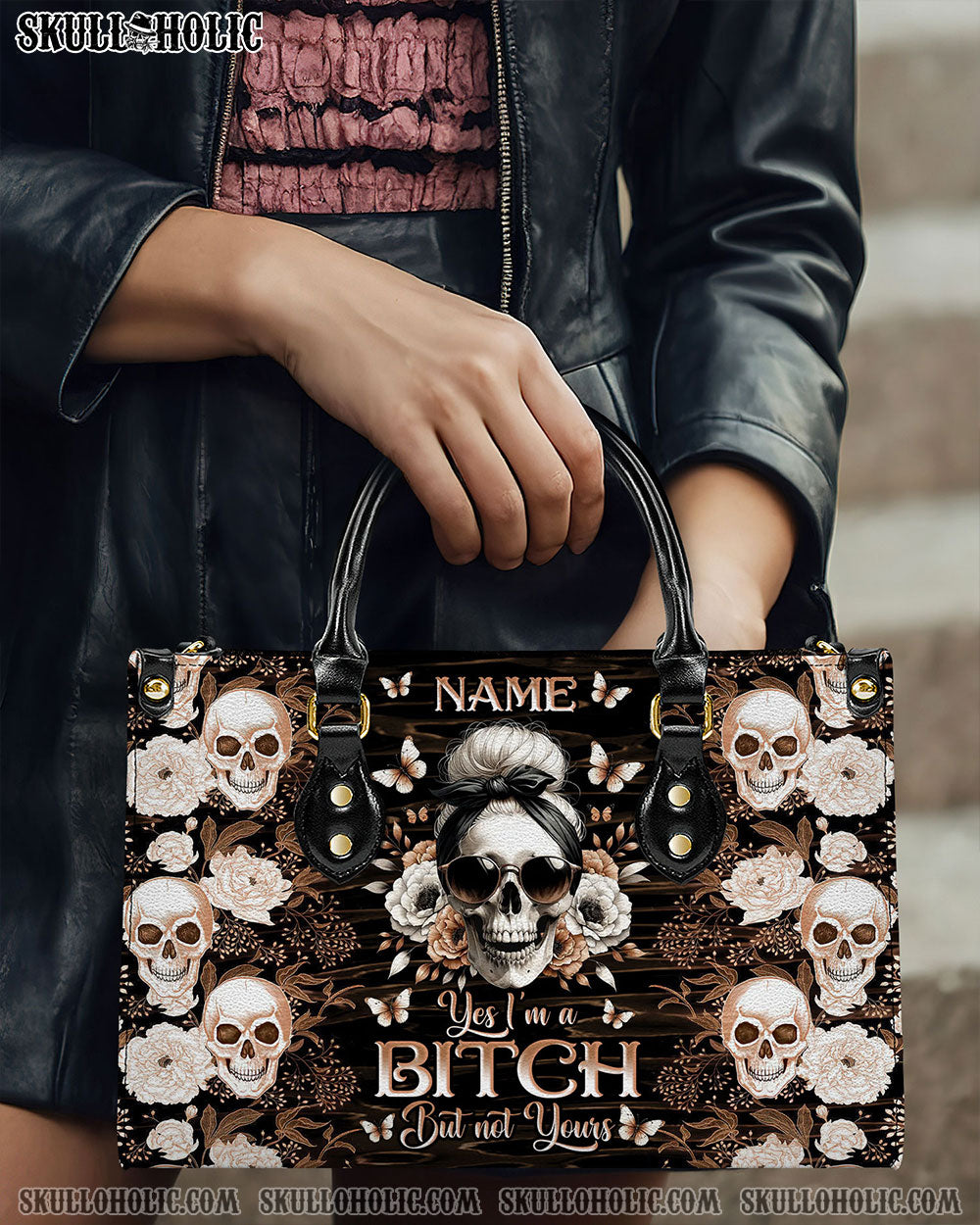 YES I'M A B BUT NOT YOURS MESSY BUN SKULL LEATHER HANDBAG - TLNO3005242