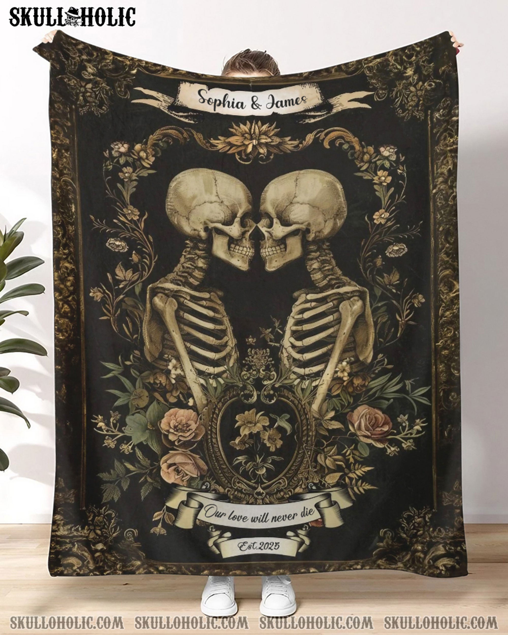 PERSONALIZED SKELETON COUPLE VINTAGE FLEECE BLANKET - YHHG0602252