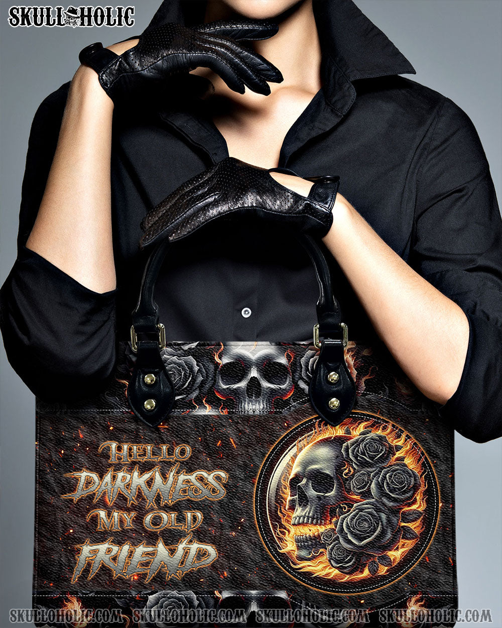 HELLO DARKNESS MY OLD FRIEND SKULL ROSE FIRE LEATHER HANDBAG - TLNZ1206245