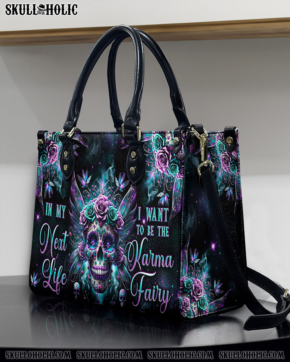 KARMA FAIRY SPARKLE SKULL LEATHER HANDBAG - TLPQ0107244