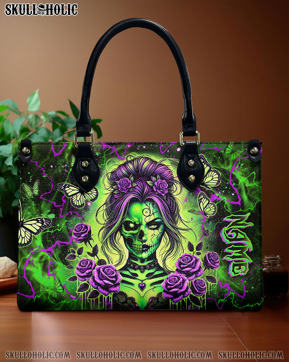 SKULL LADY PURPLE ROSE LEATHER HANDBAG - YHLT2512244