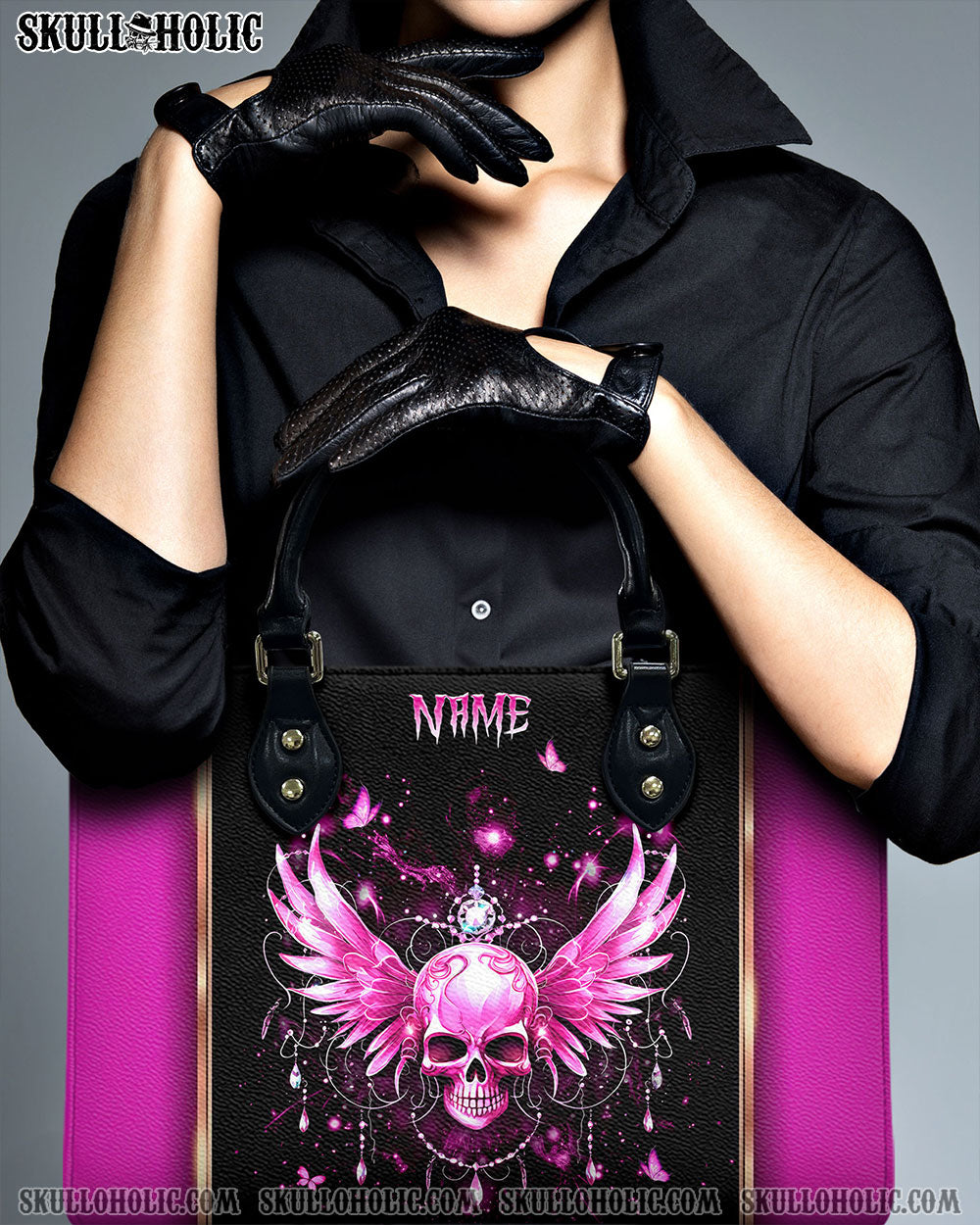 PINK SKULL FAIRY WINGS LEATHER HANDBAG - YHKD3003243