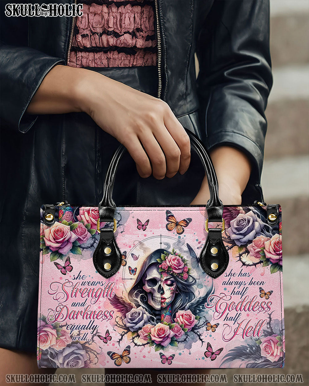 SHE WEARS STRENGTH AND DARKNESS SKULL LEATHER HANDBAG - TLNO0706244