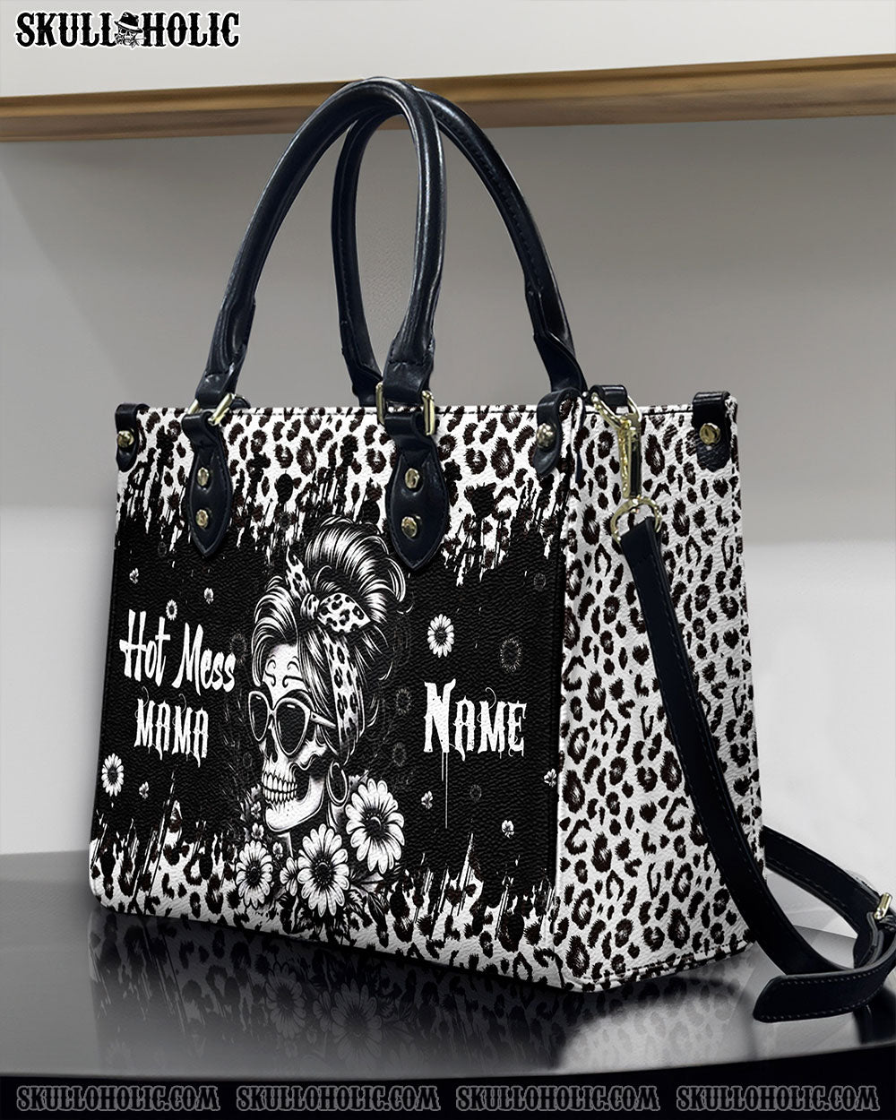 HOT MESS MAMA SKULL MESSY BUN LEOPARD LEATHER HANDBAG - TLPQ0108244