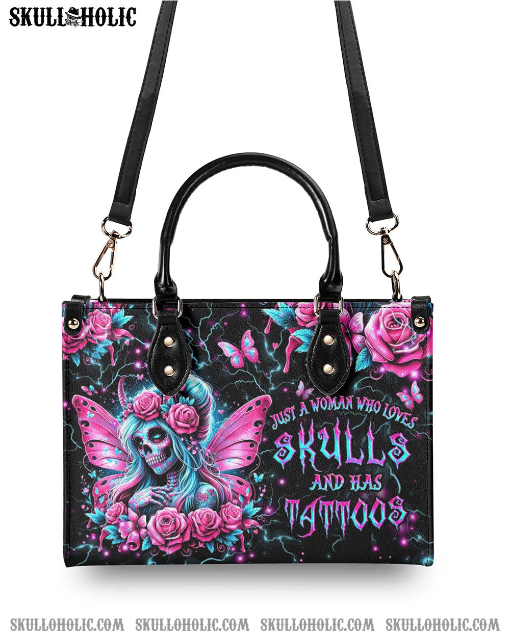 JUST A WOMAN WHO LOVES SKULLS AND HAS TATTOOS LEATHER HANDBAG - YHDU1607242