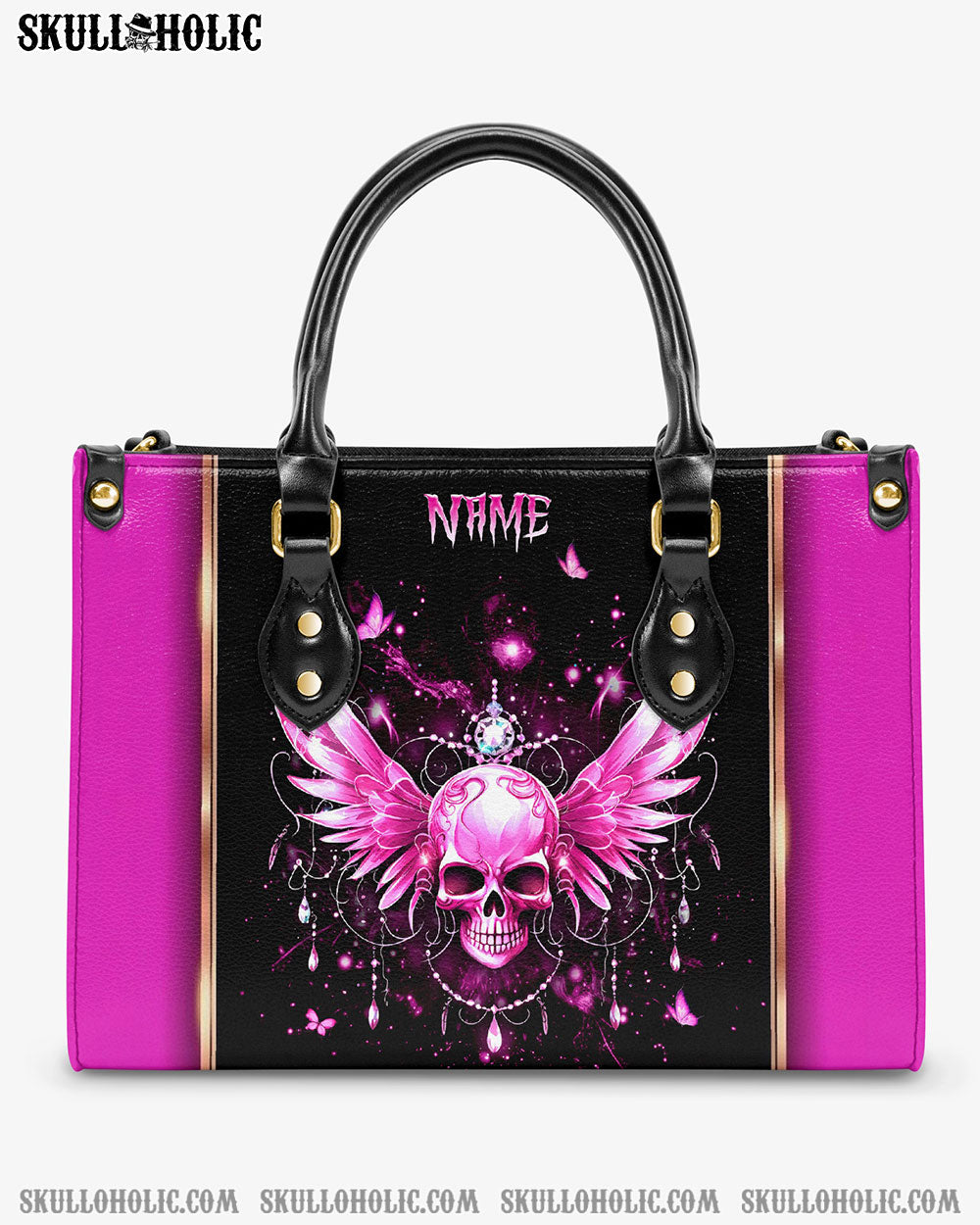 PINK SKULL FAIRY WINGS LEATHER HANDBAG - YHKD3003243