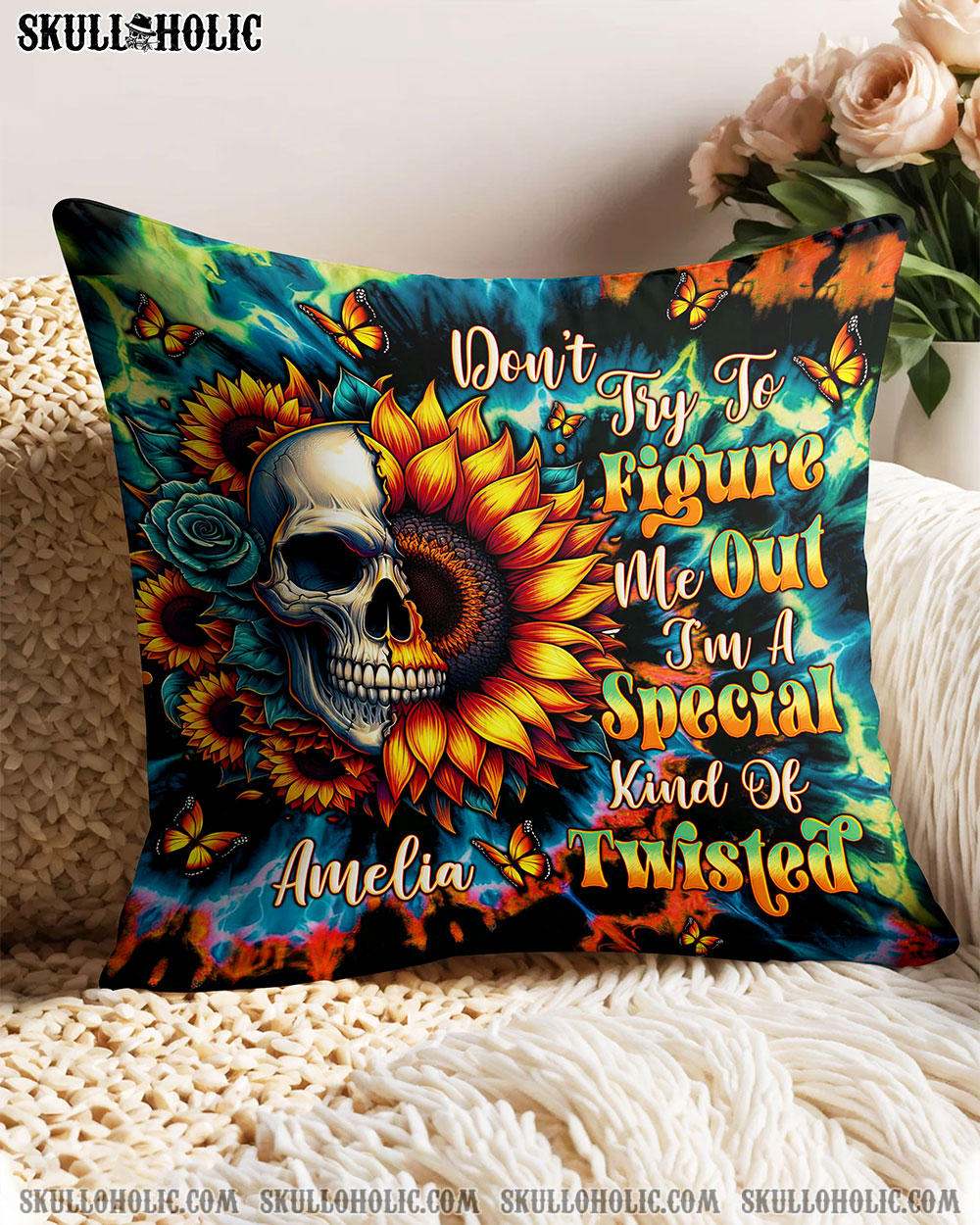 PERSONALIZED DON'T TRY TO FIGURE ME OUT SKULL SUNFLOWER PILLOW - TLTW1401251