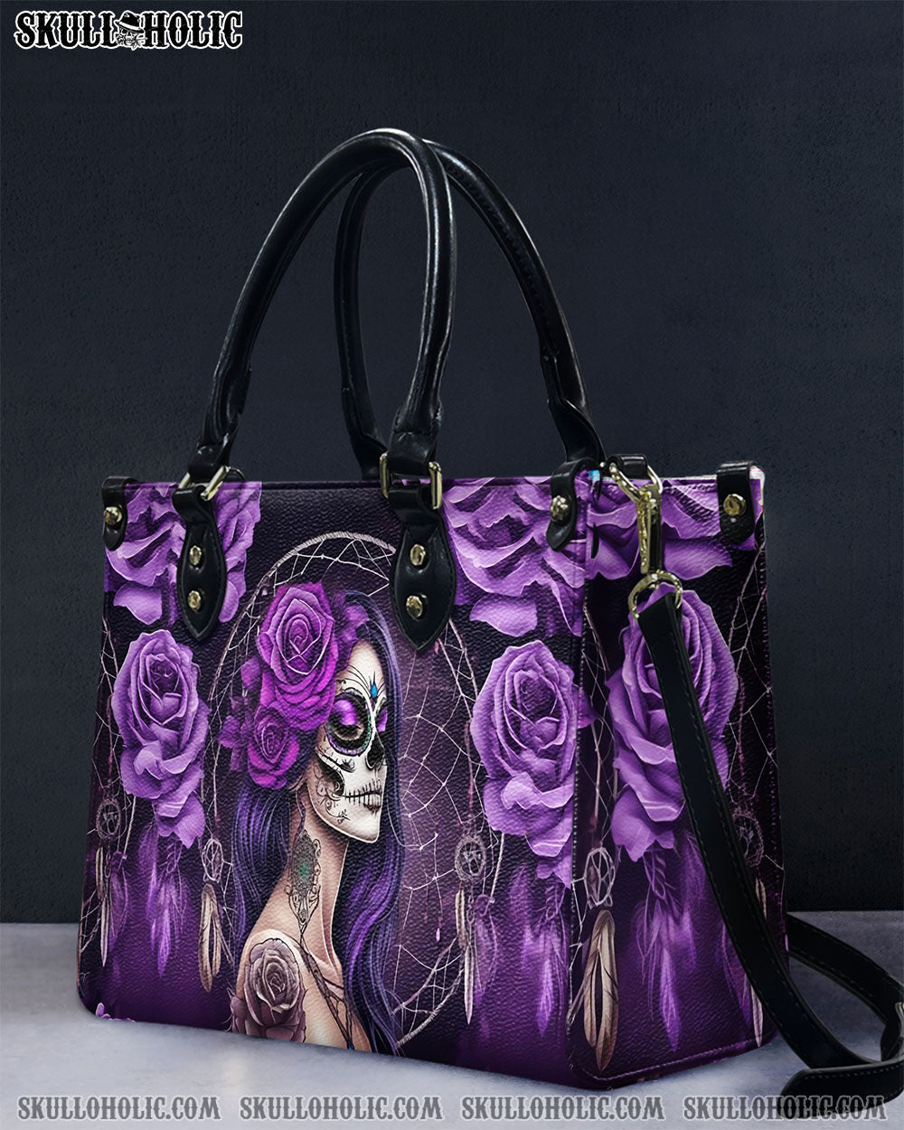 SUGAR SKULL LADY PURPLE ROSE LEATHER HANDBAG - YHHG0512245