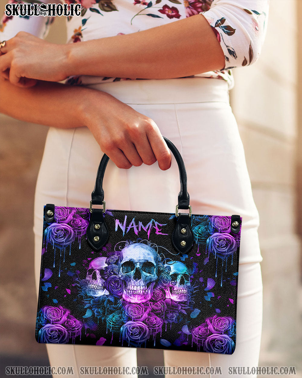 THREE SKULLS ROSE LEATHER HANDBAG - TLNZ2608243