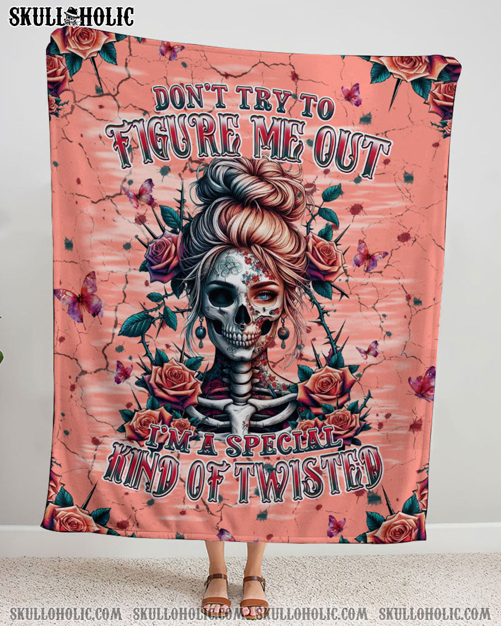 DON'T TRY TO FIGURE ME OUT SKULL LADY WOVEN AND FLEECE BLANKET - TLPQ2708242