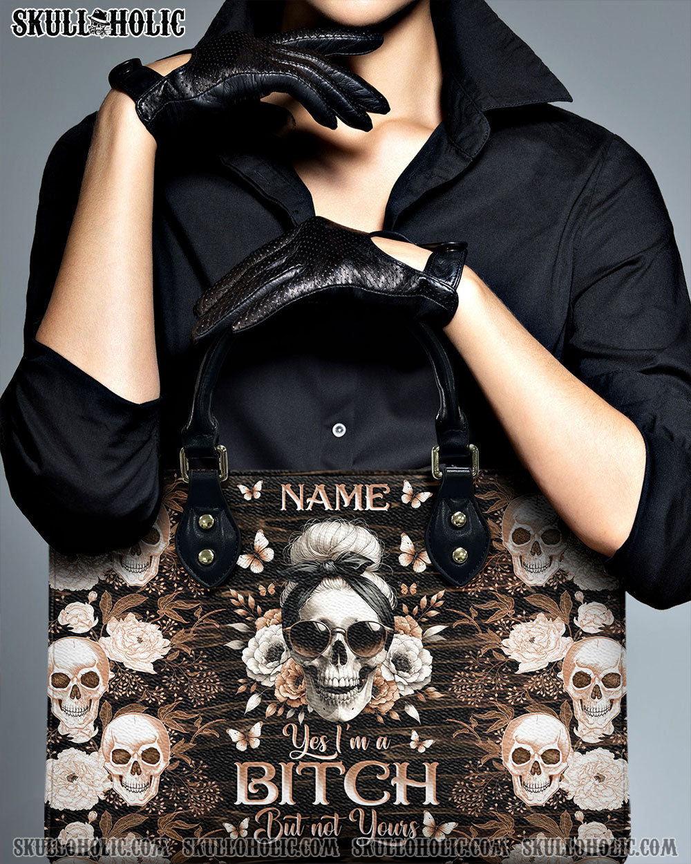 YES I'M A B BUT NOT YOURS MESSY BUN SKULL LEATHER HANDBAG - TLNO3005242