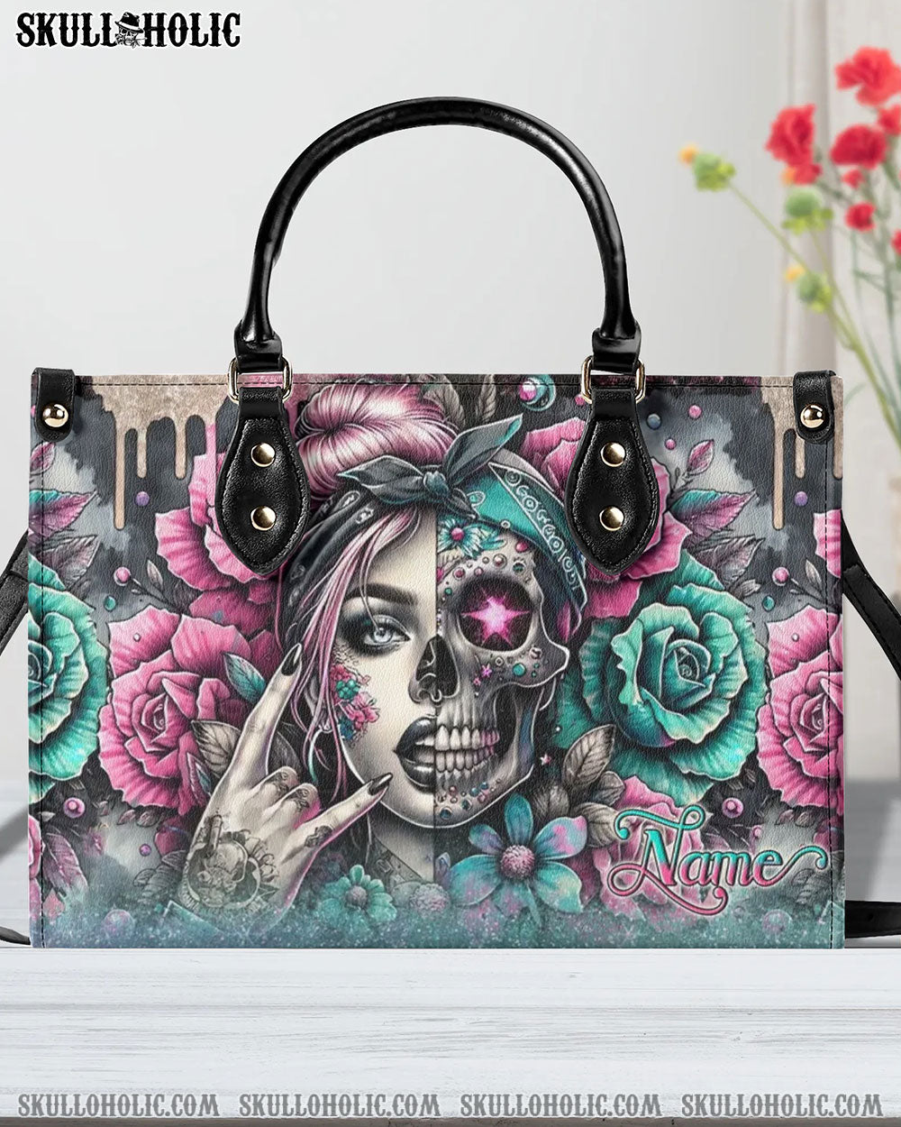 SKULL LADY ROSE LEATHER HANDBAG - YHLN1406242