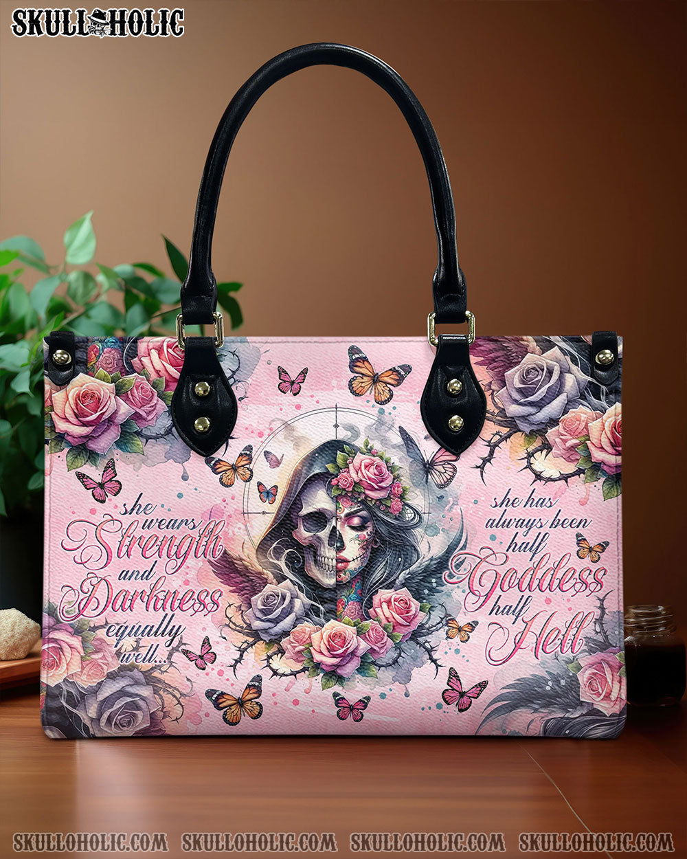 SHE WEARS STRENGTH AND DARKNESS SKULL LEATHER HANDBAG - TLNO0706244