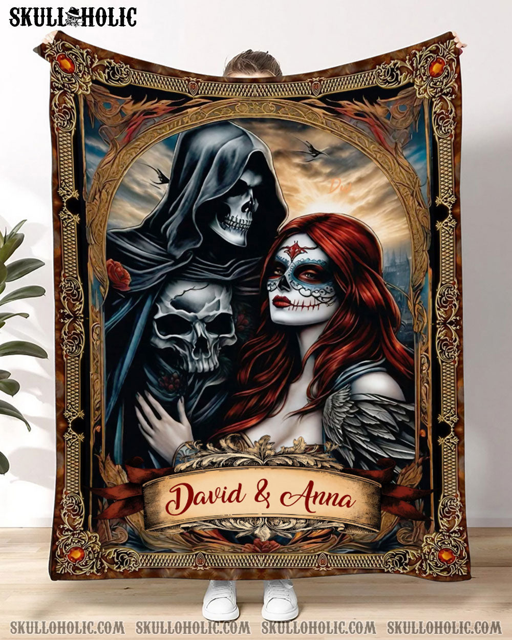 PERSONALIZED SKULL REAPER AND LADY COUPLE FLEECE BLANKET - YHHG1601253