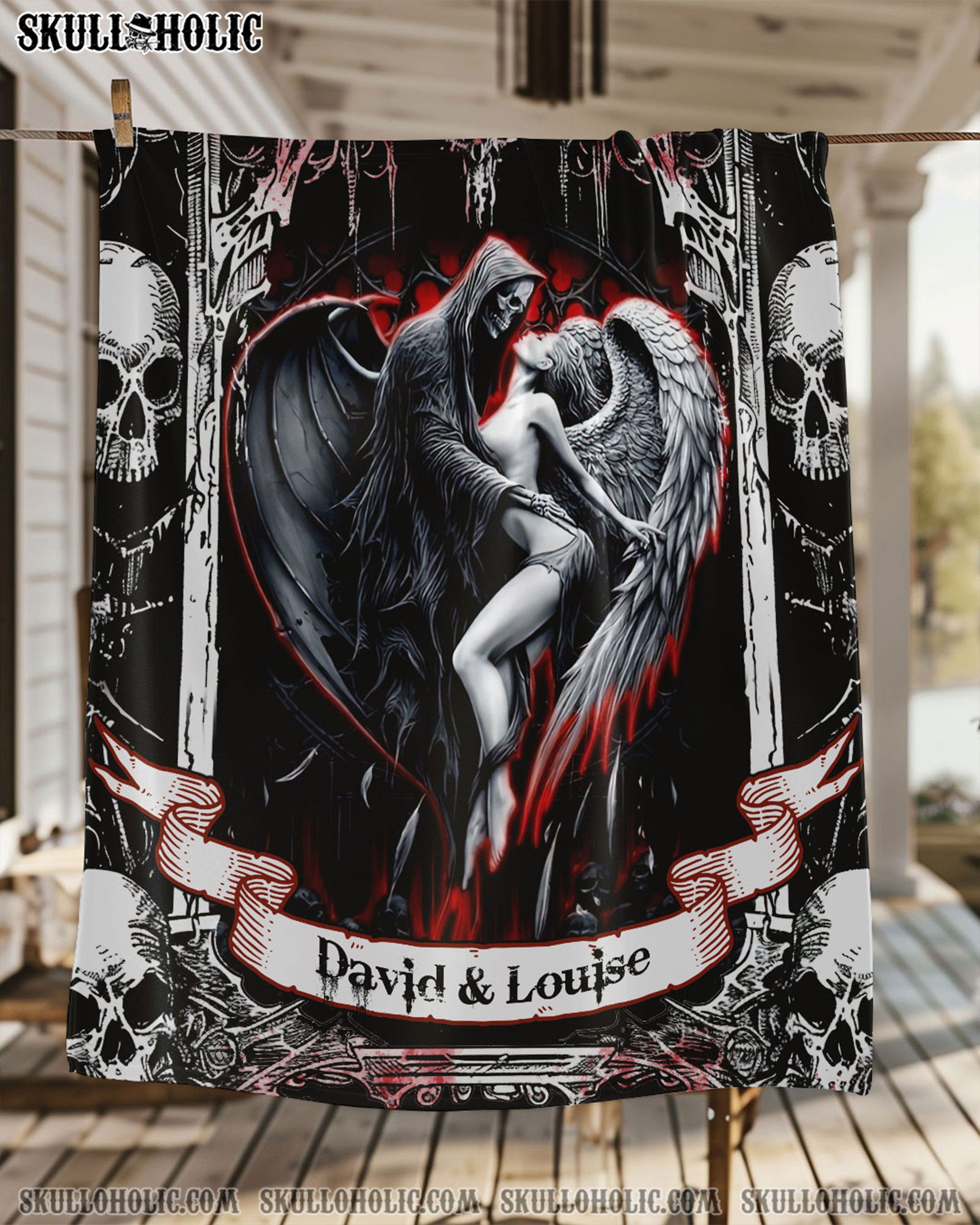 PERSONALIZED DEVIL AND ANGEL SKULL COUPLE FLEECE BLANKET  - TLNZ1402251