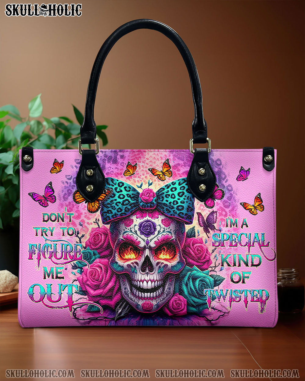 DON'T TRY TO FIGURE ME OUT SUGAR SKULL LEOPARD LEATHER HANDBAG - TLTW1306247