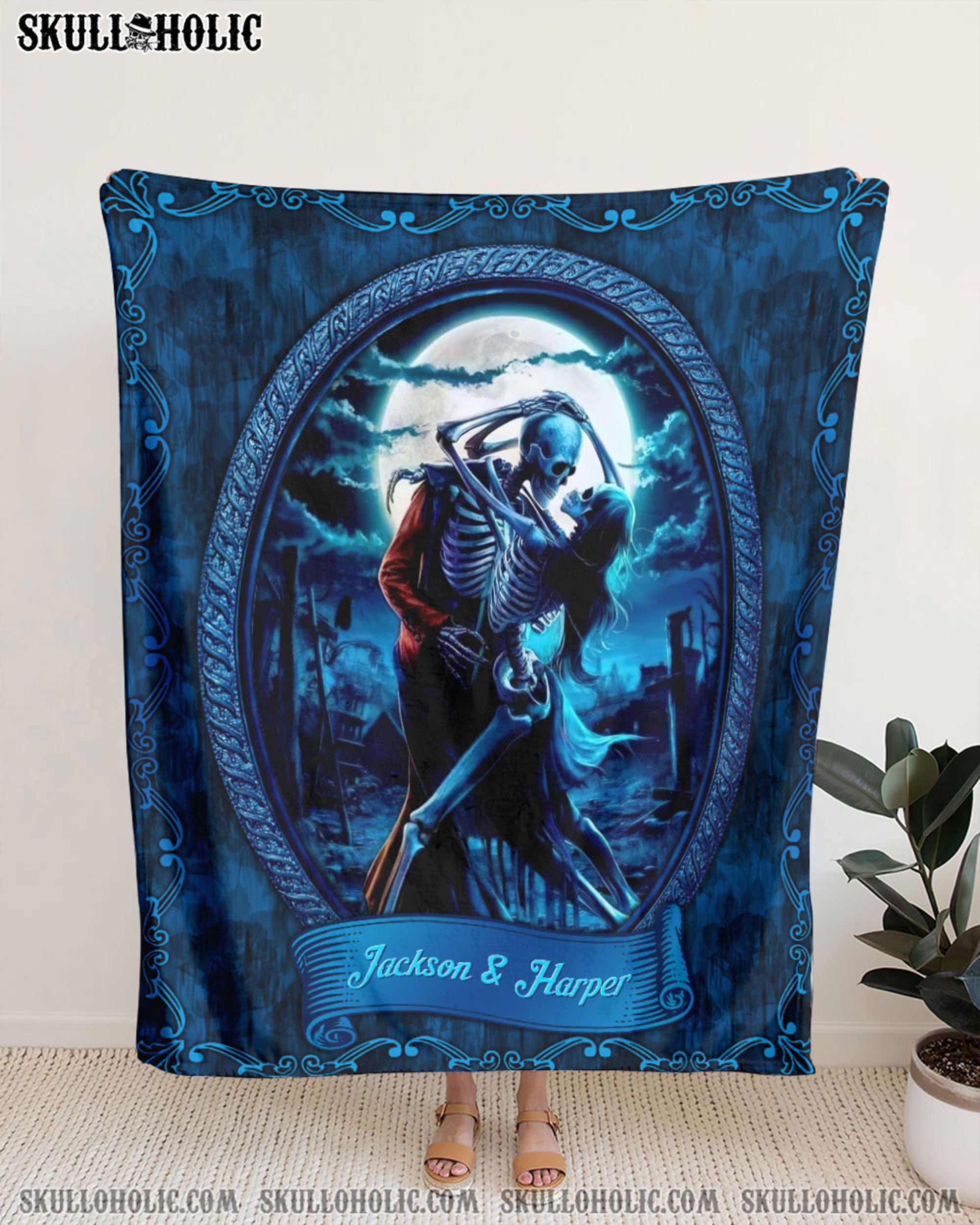 PERSONALIZED SKULL COUPLE DANCING UNDER MOON FLEECE BLANKET  - TLTR1302254