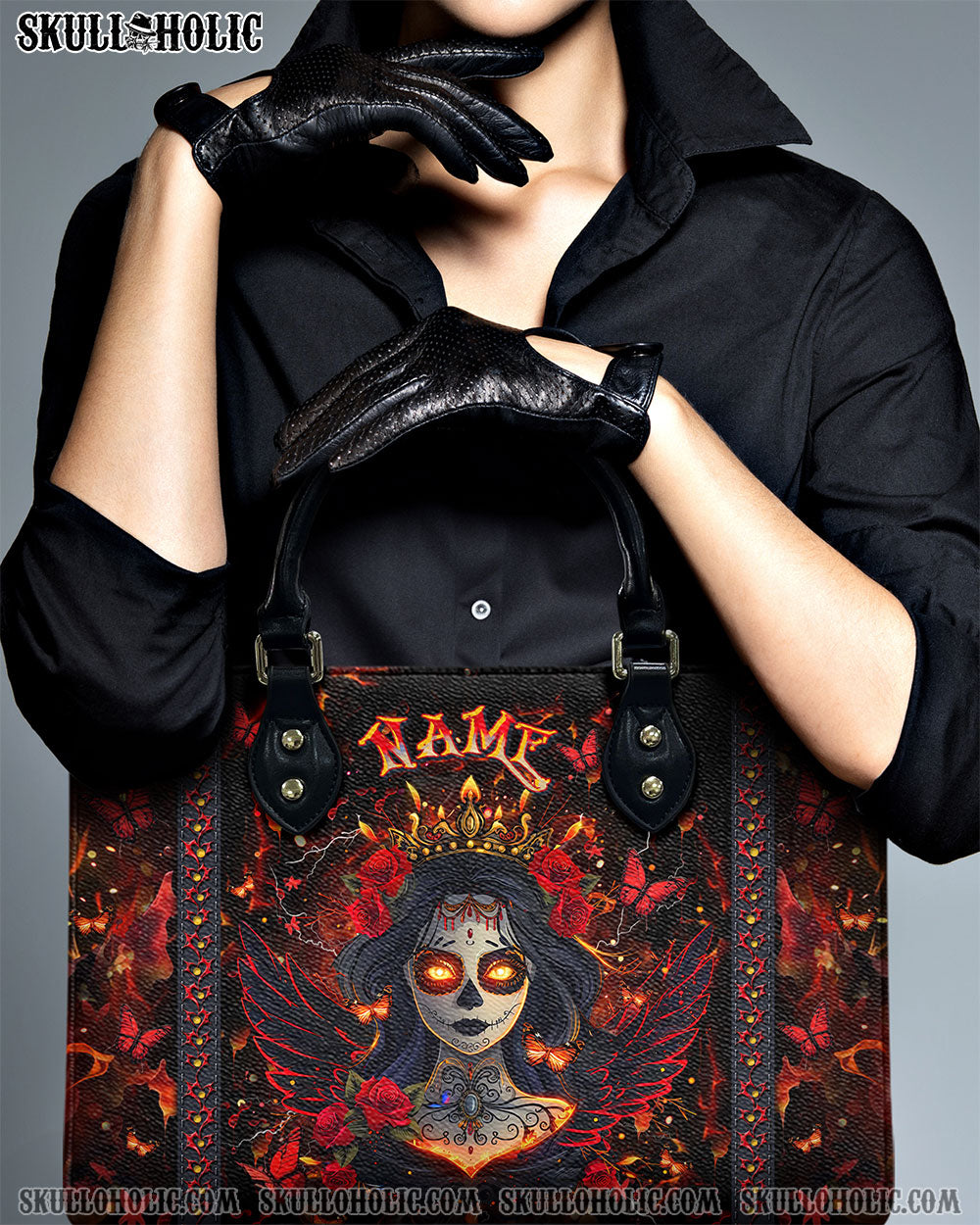 RED BLACK SKULL LADY LEATHER HANDBAG - YHLT1110242