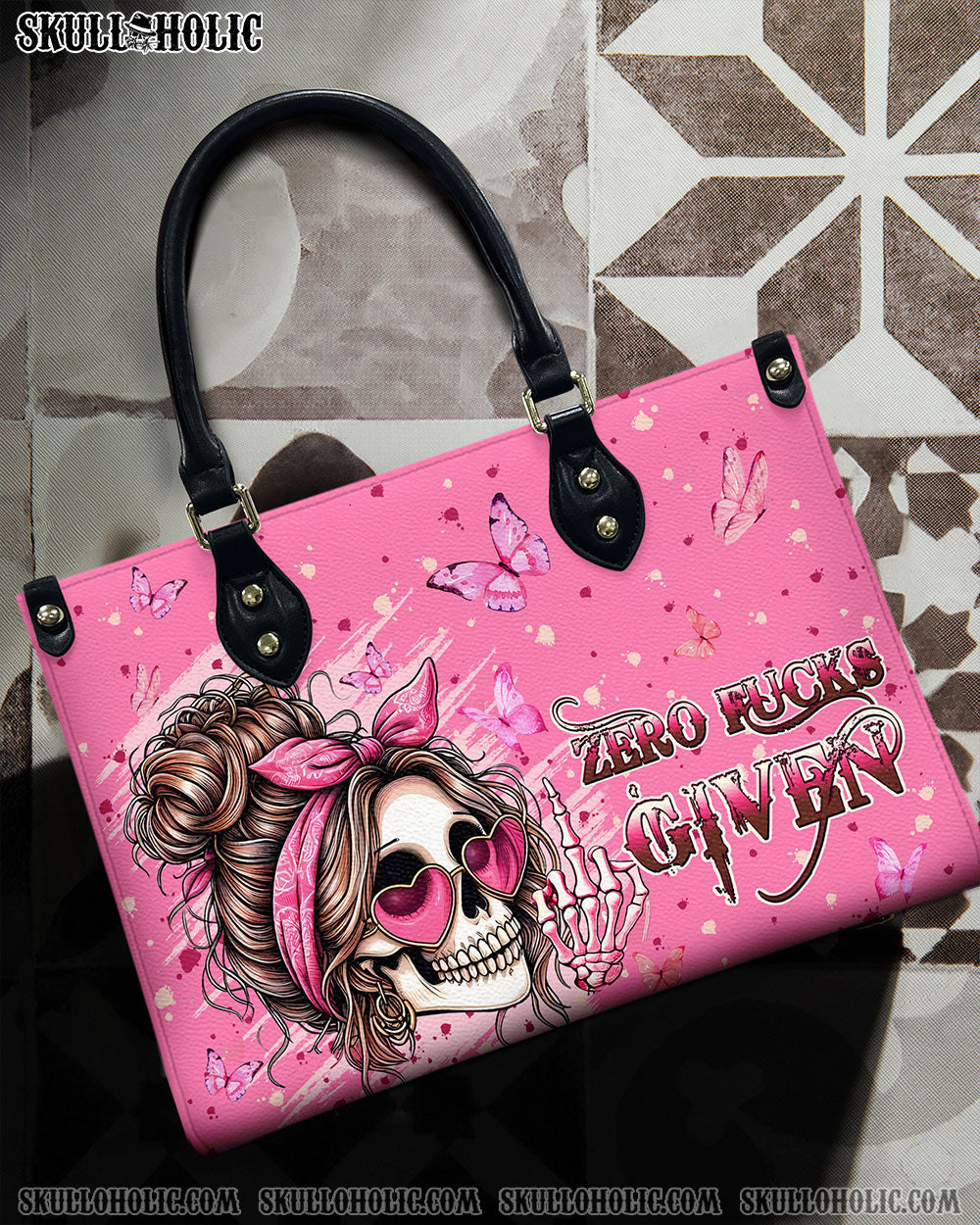 ZERO FCK GIVEN SKULL MESSY BUN LEATHER HANDBAG - TLPQ1508244