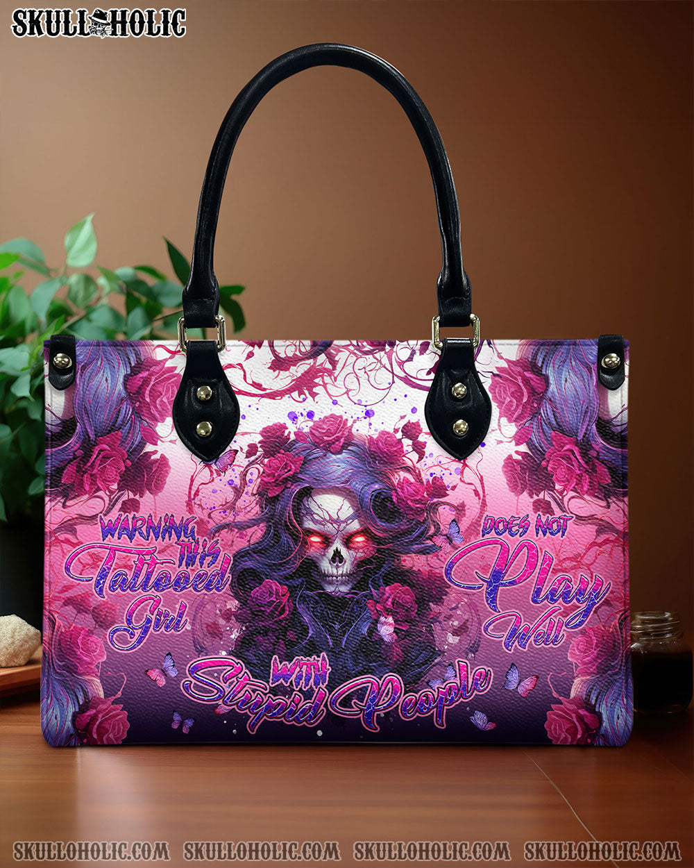 WARNING THIS TATTOOED GIRL ROSE SKULL LEATHER HANDBAG - TLNT0606245