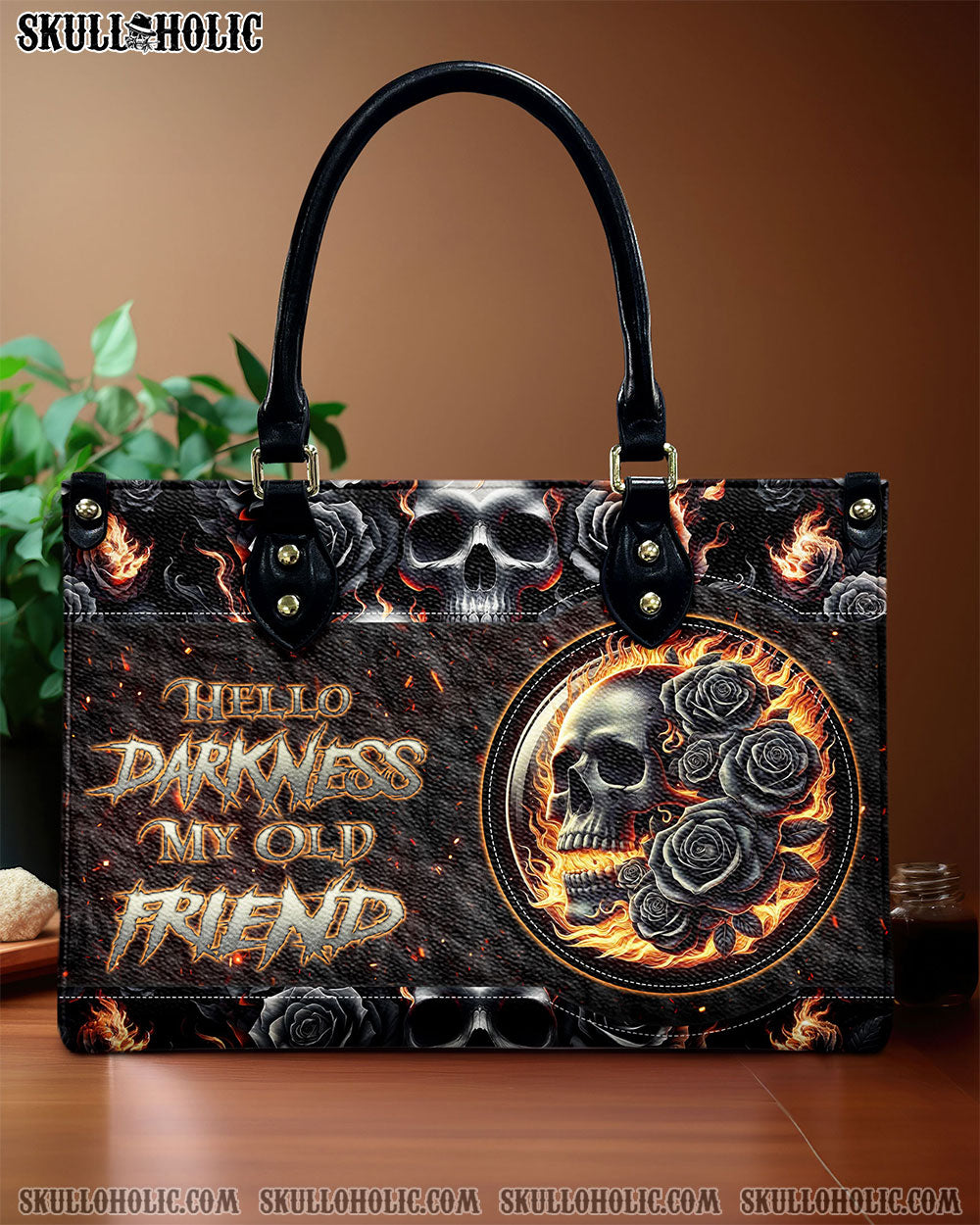 HELLO DARKNESS MY OLD FRIEND SKULL ROSE FIRE LEATHER HANDBAG - TLNZ1206245