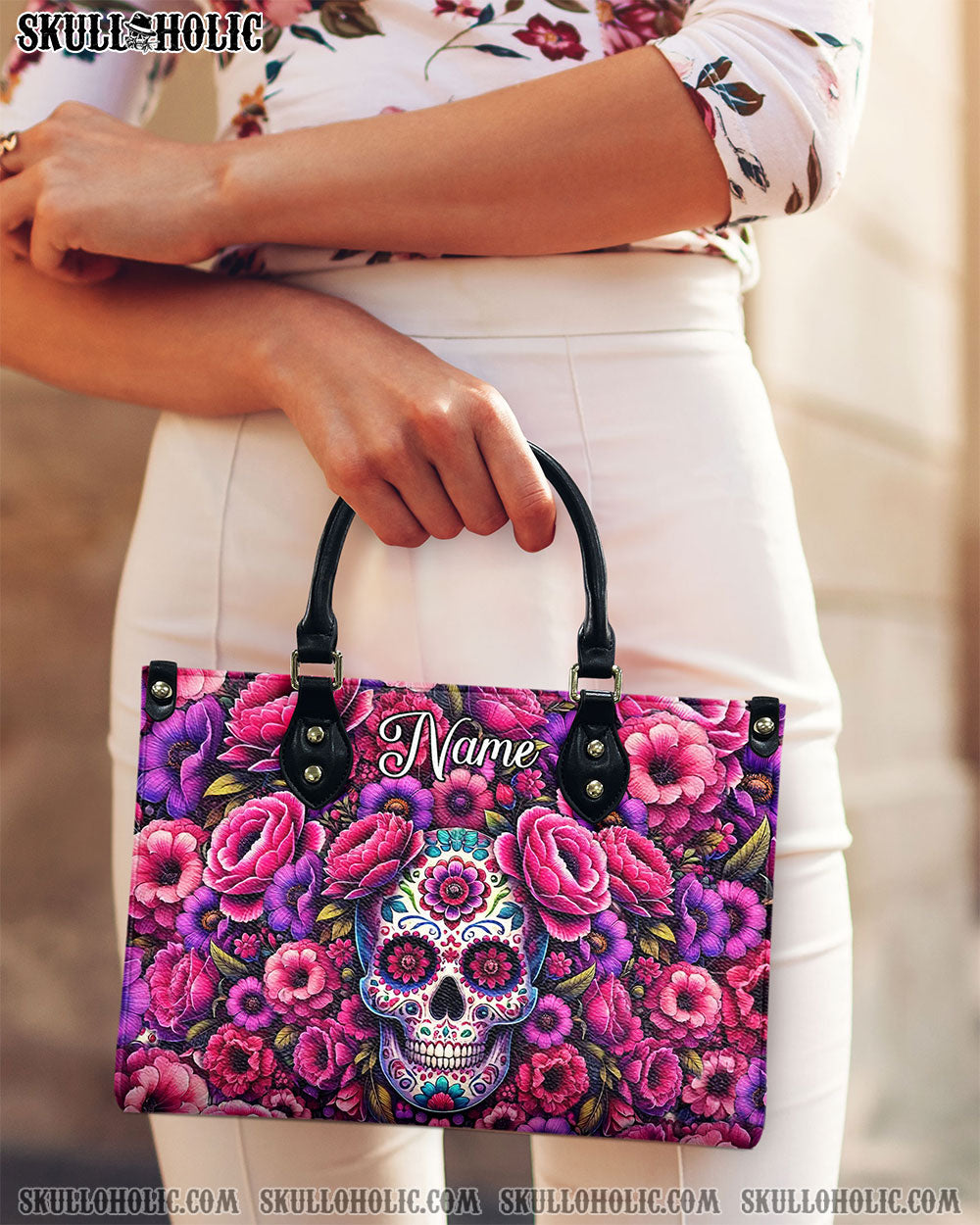 SUGAR SKULL FLOWER ART LEATHER HANDBAG - TLNT2412244