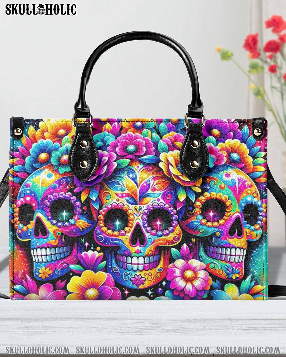 SEAMLESS RAINBOW SUGAR SKULL LEATHER HANDBAG - YHHG1106241