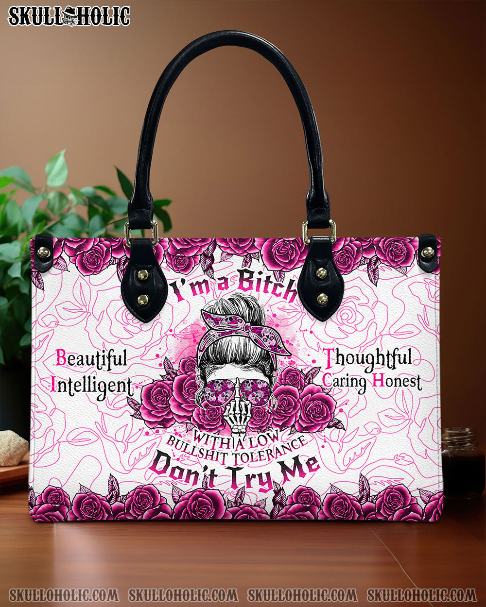 I'M A B DON'T TRY ME ROSE MESSY BUN  LEATHER HANDBAG - TLNO0710244