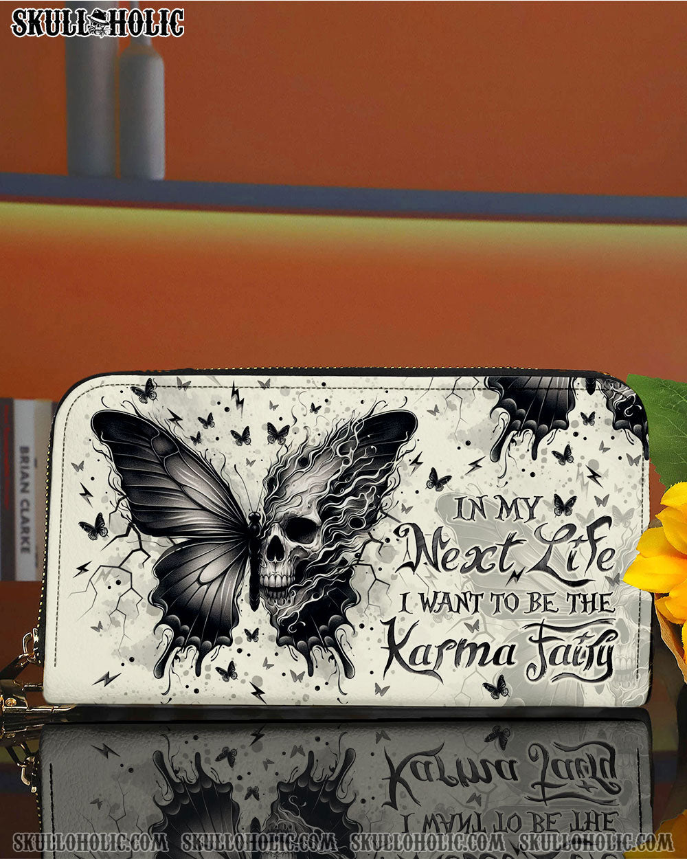 KARMA FAIRY SKULL BUTTERFLY ZIPPER LEATHER WALLET - TLNO2308247