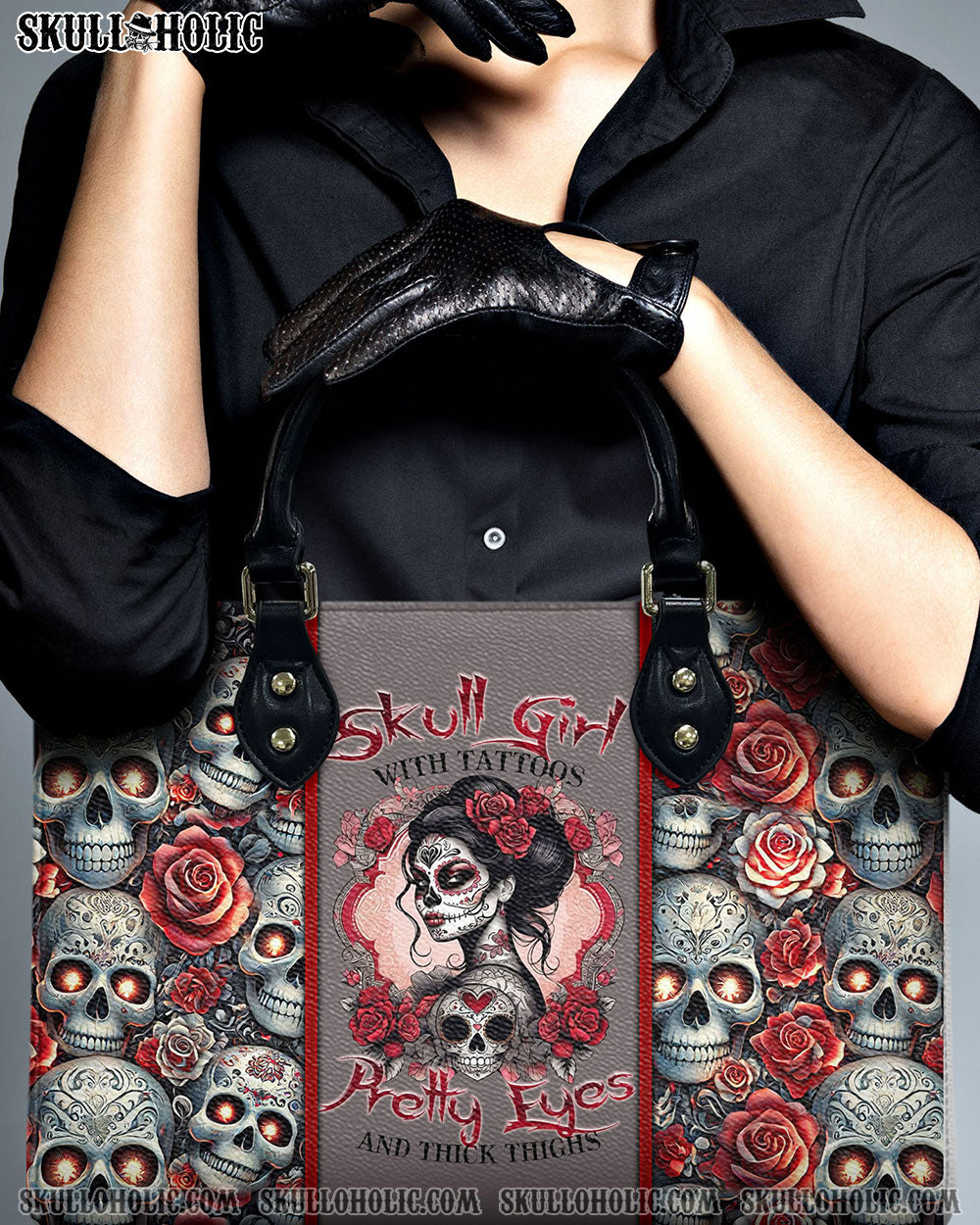 SKULL GIRL WITH TATTOOS PRETTY EYES SUGAR SKULL LEOPARD LEATHER HANDBAG - TLTR1406245