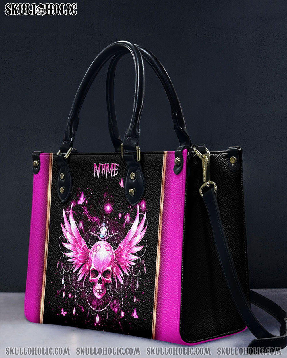 PINK SKULL FAIRY WINGS LEATHER HANDBAG - YHKD3003243