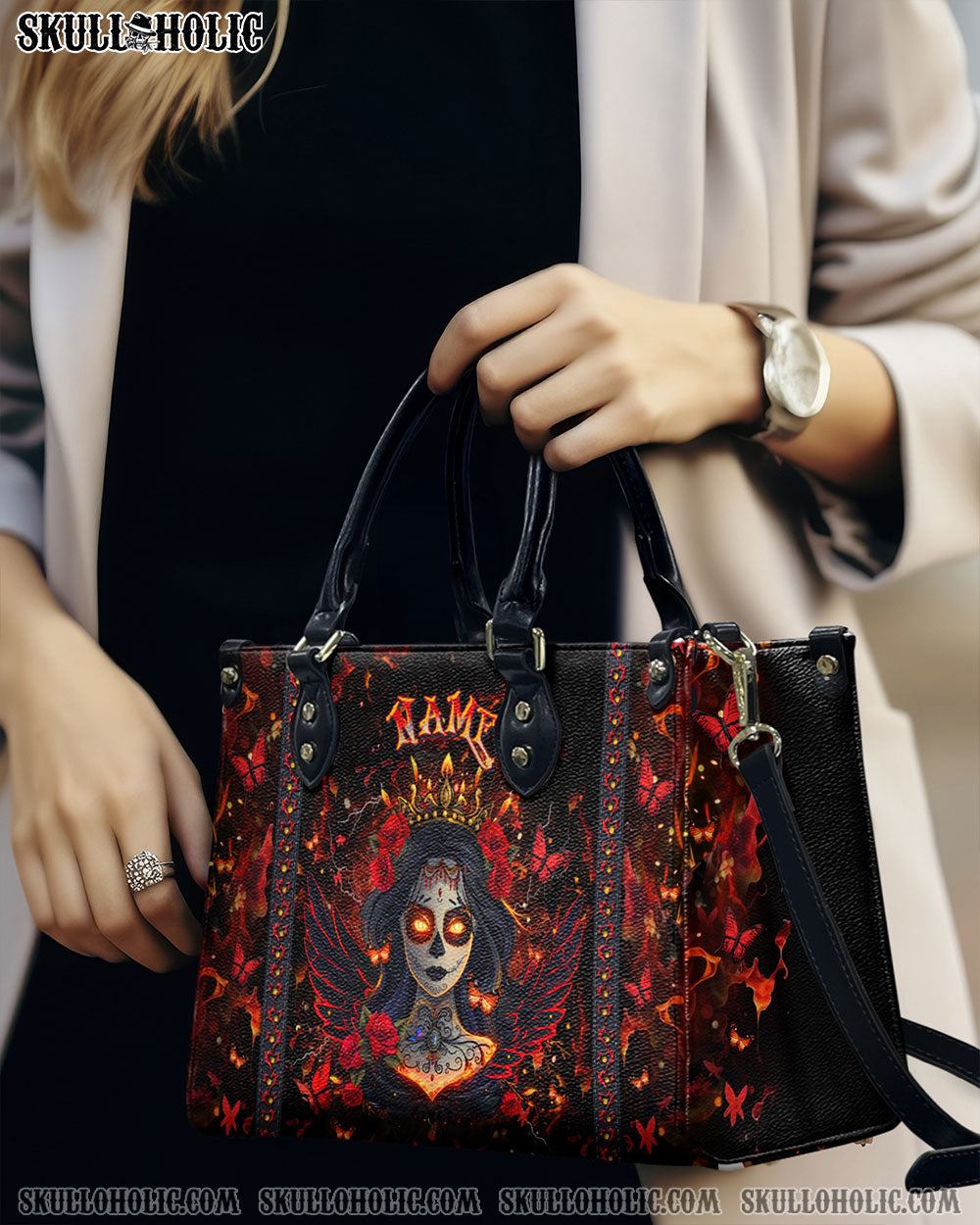 RED BLACK SKULL LADY LEATHER HANDBAG - YHLT1110242