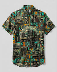 TRIBAL TRUCK SKULL PATCHWORK BUTTON-DOWN COLLAR SHIRT  - TLTW25082611