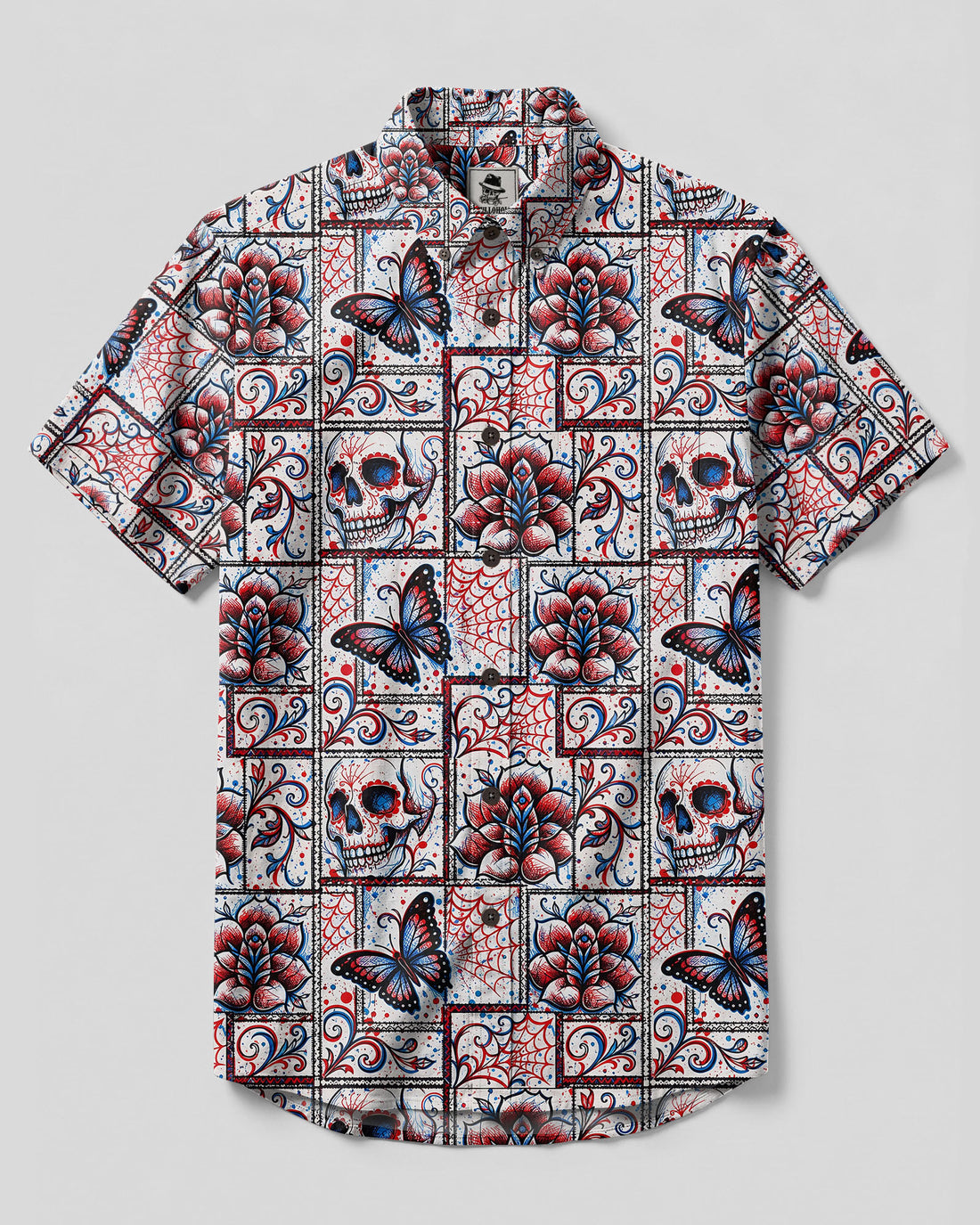 SKULL ROSE TATOOED PATCHWORK BUTTON-DOWN COLLAR SHIRT  - TLTW0608264
