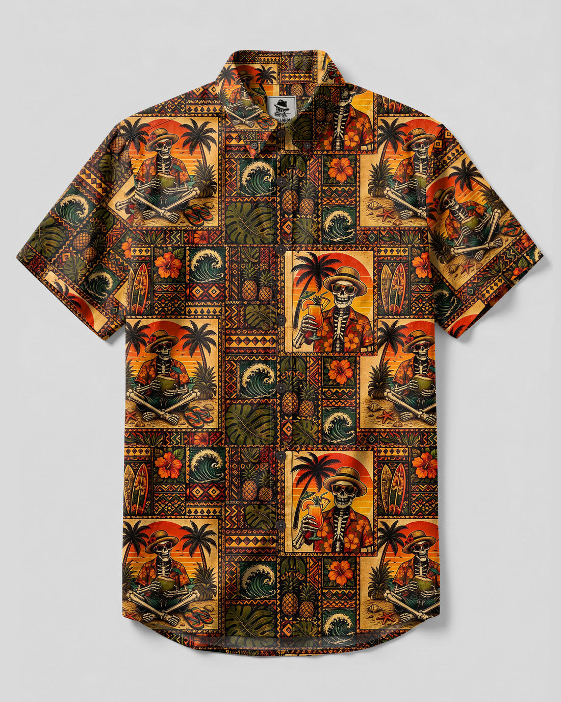 TROPICAL SKELETON SUNSET PATCHWORK BUTTON-DOWN COLLAR SHIRT  - TLTW0408266