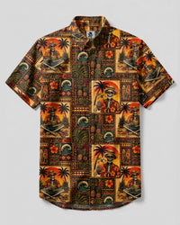 TROPICAL SKELETON SUNSET PATCHWORK BUTTON-DOWN COLLAR SHIRT  - TLTW0408266