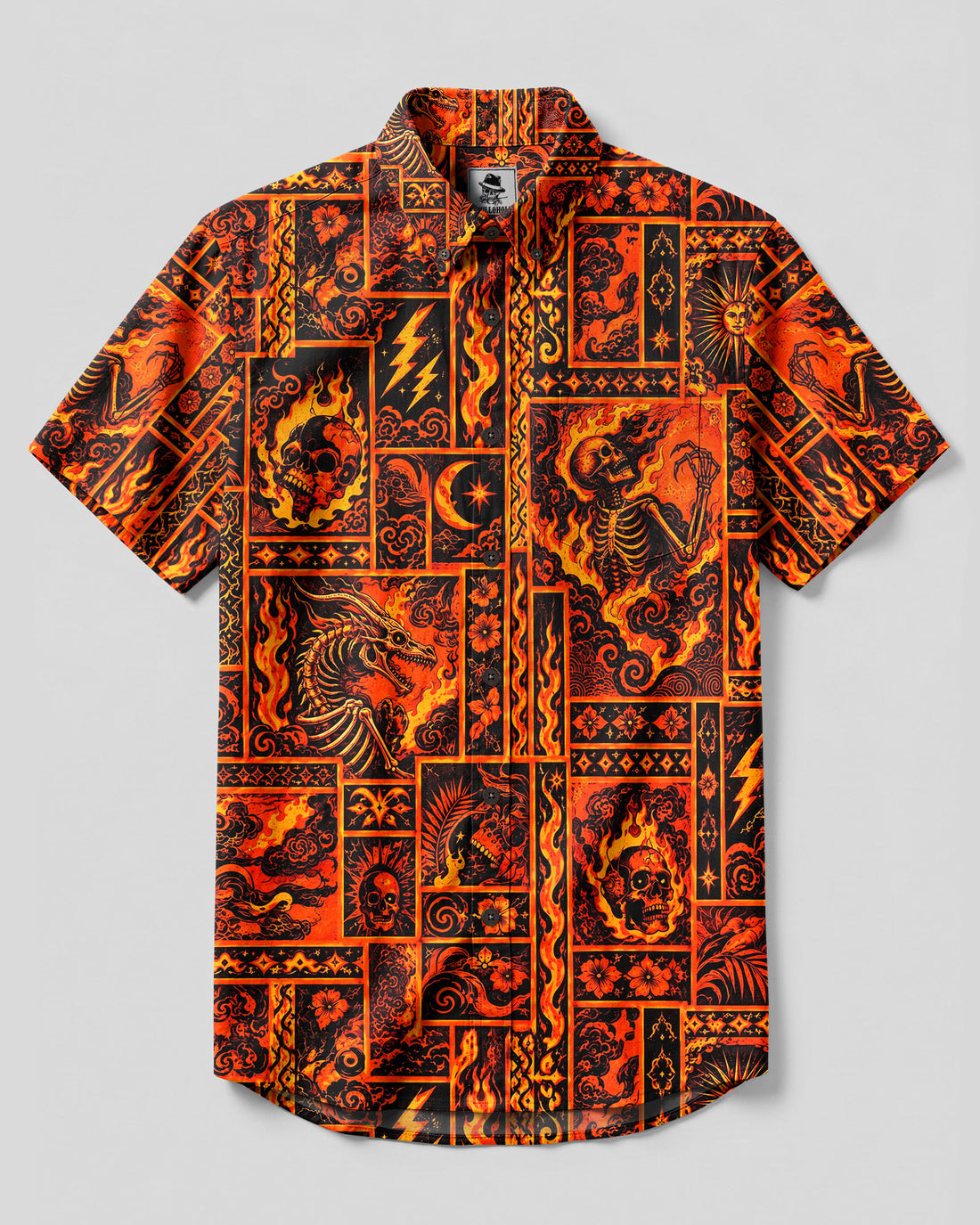 HELLFIRE SKELETON GOTHIC PATCHWORK BUTTON-DOWN COLLAR SHIRT - YHHG2309261