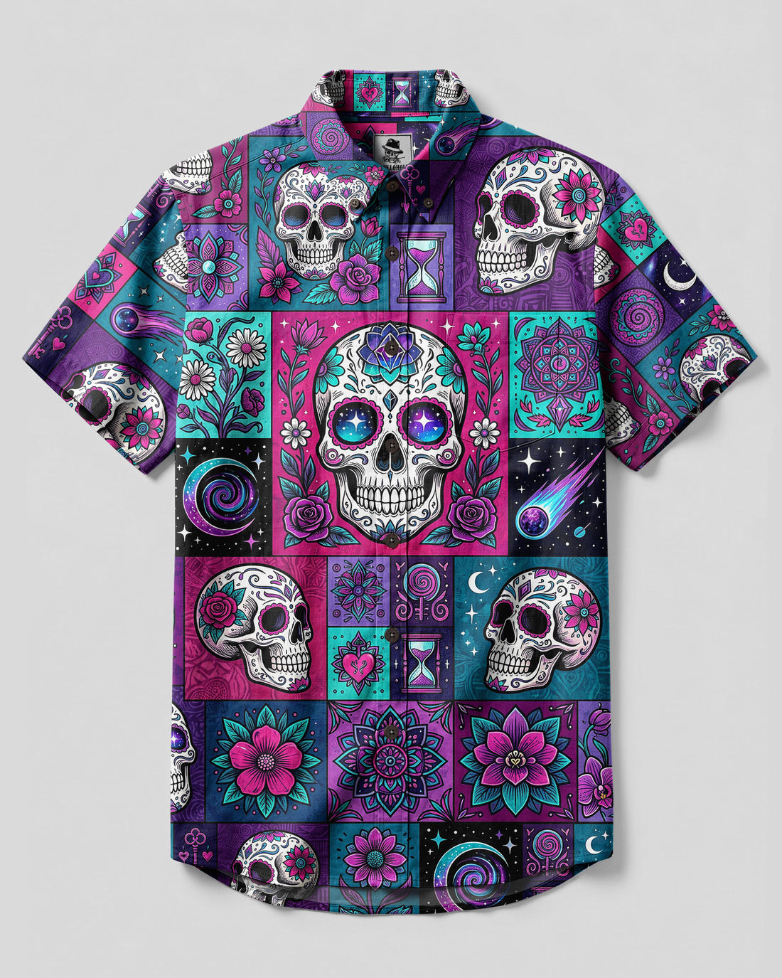 MYSTIC SUGAR SKULL FLORAL PATCHWORK BUTTON-DOWN COLLAR SHIRT - TYLN28082611
