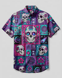 MYSTIC SUGAR SKULL FLORAL PATCHWORK BUTTON-DOWN COLLAR SHIRT - TYLN28082611