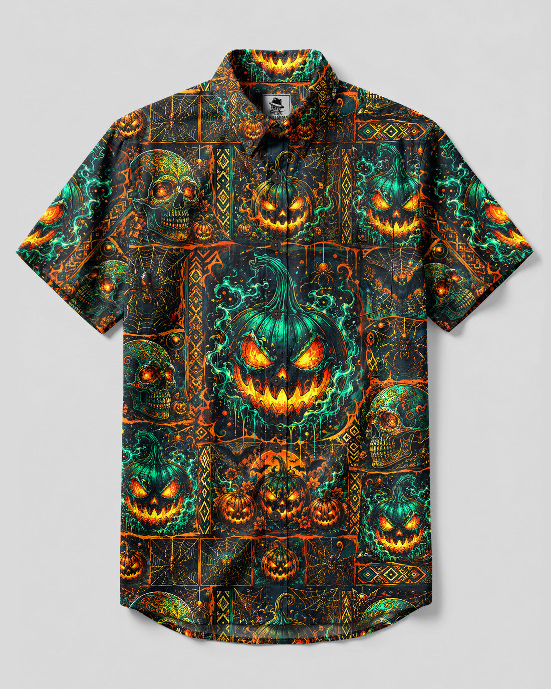 SKULL PUMPKIN HALLOWEEN PATCHWORK BUTTON-DOWN COLLAR SHIRT  - TLHG0309269
