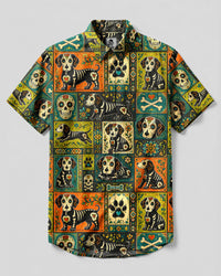 SUGAR SKULL DACHSHUND DOG PATCHWORK BUTTON-DOWN COLLAR SHIRT  - TLHG0409262