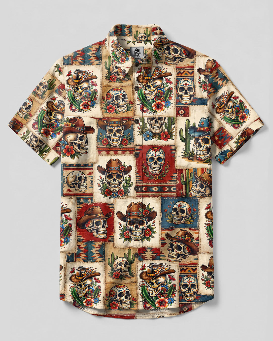 WESTERN SKULL PATCHWORK BUTTON-DOWN COLLAR SHIRT  - TLTW0309262